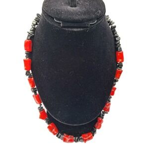 Coral  and Black Colored Bead Boho Necklace Double strand Toggle Clasp 18 in.